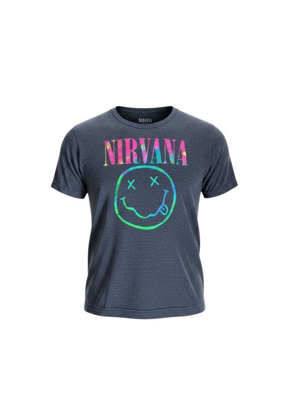 Nirvana Tie Dye Smiley Face Graphic Band Tee Charcoal Heather T-Shirt
